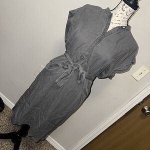 GAP Gray Denim Shirt Dress Midi Belted Band Collar Short Sleeve Womens Size M